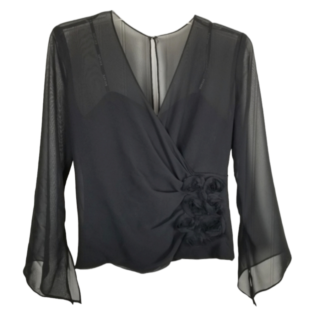 Xscape Joanna Chen Corset Top Sheer Sleeves Boning Black Size 4 Petite Mobwife